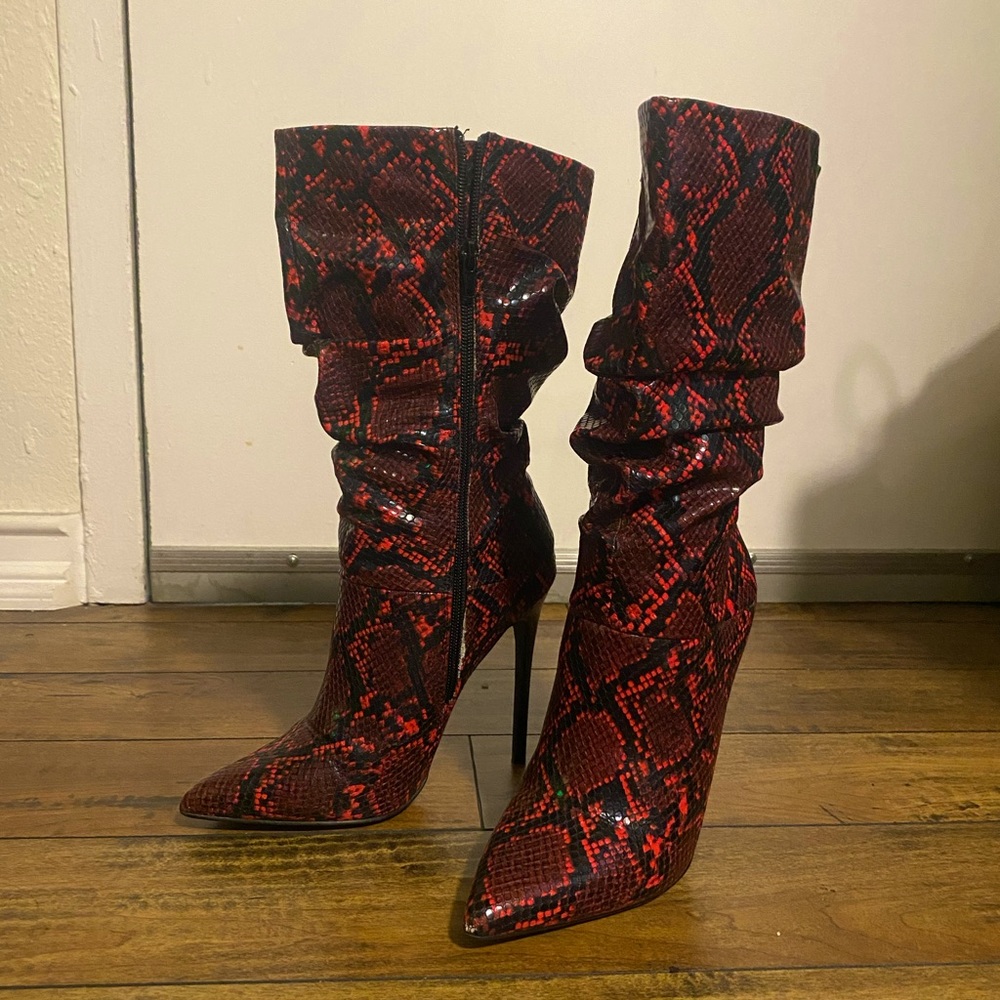 Red Snake Skin Slouchy Mid Calf Heeled Booties